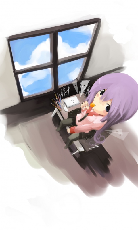 Школница с конфетой у окна обои