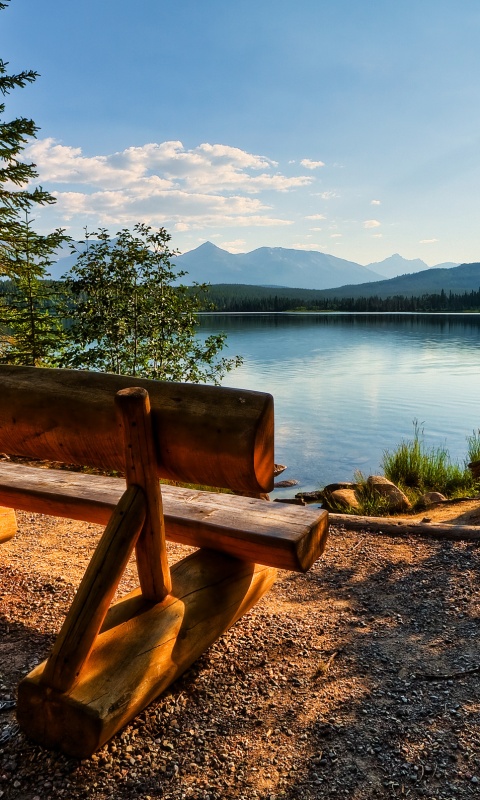 Деревянная скамья на берегу озера обои