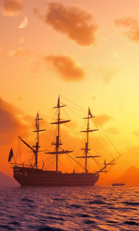 Трехпалубный парусный корабль на закате обои