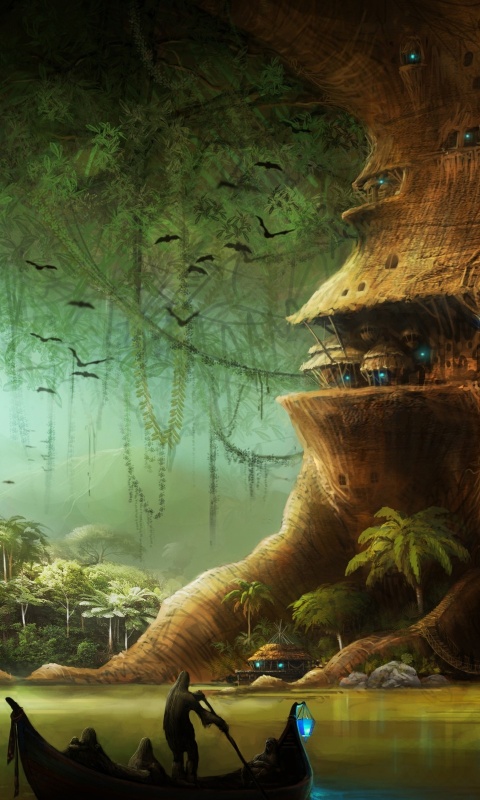 Город в стволе дерева обои