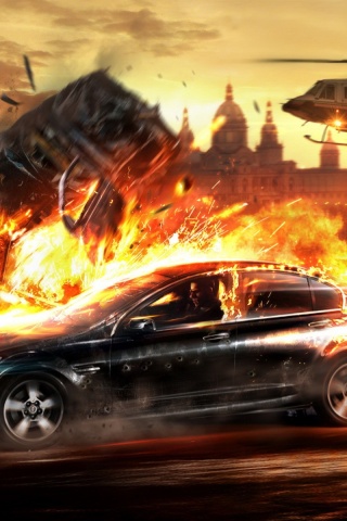 Погоня за горящей машиной обои