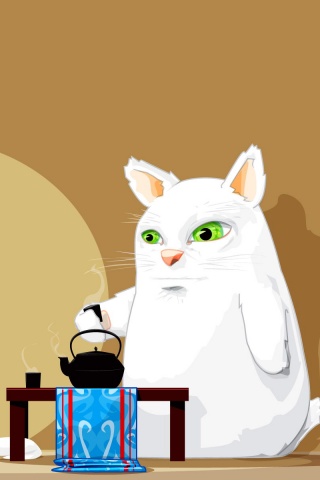 Кот пьет чай обои