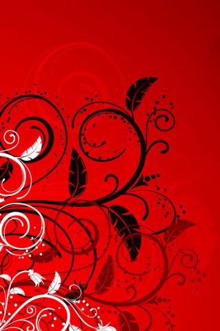 Черно-белые листики на красном фоне обои