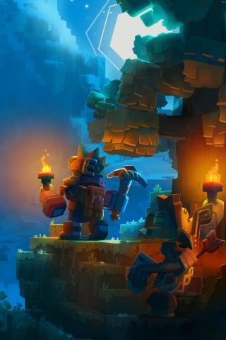 Парень с киркой и факелом смотрит в даль обои