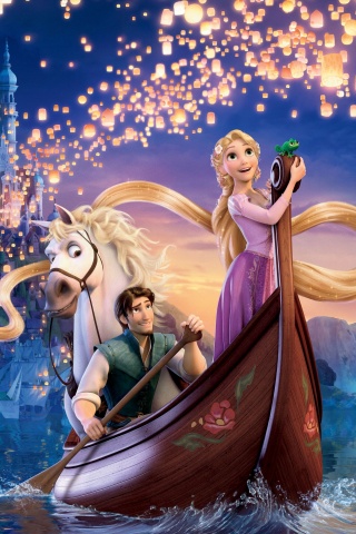 Рапунцель и Флин на лодке обои