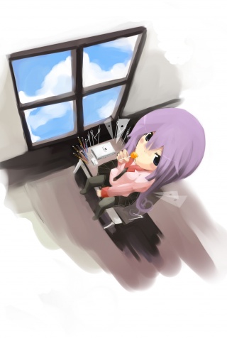 Школница с конфетой у окна обои