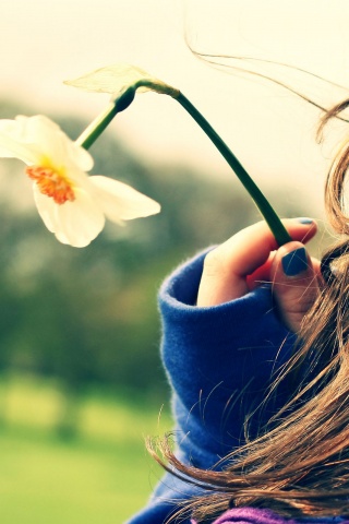 Девушка с нарциссом в руке обои