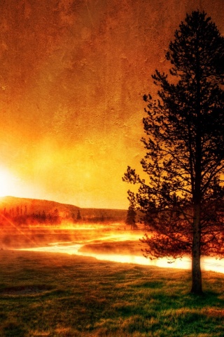 Закат за речкой обои