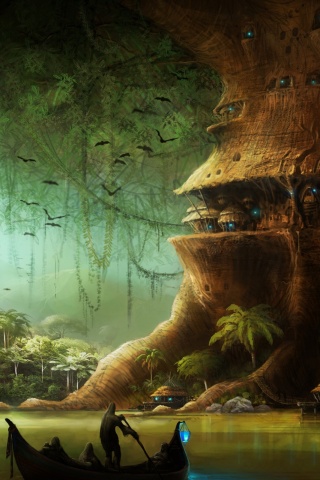 Город в стволе дерева обои