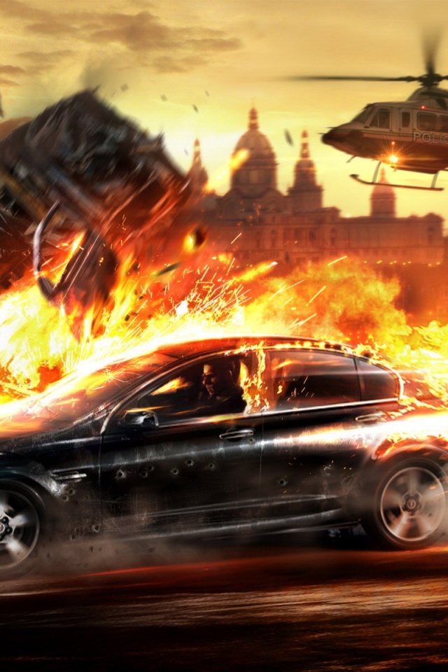 Погоня за горящей машиной обои