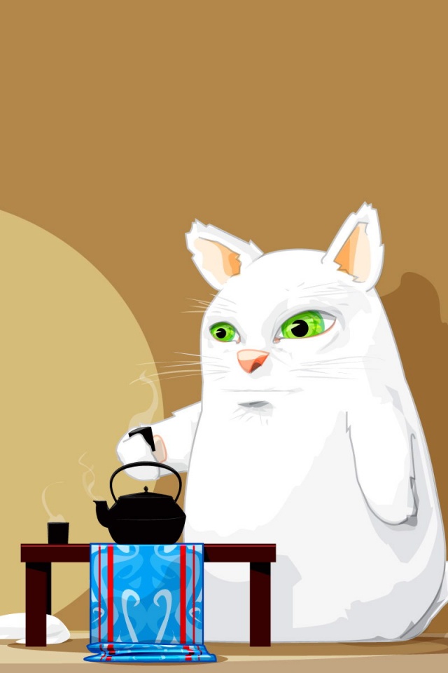 Кот пьет чай обои