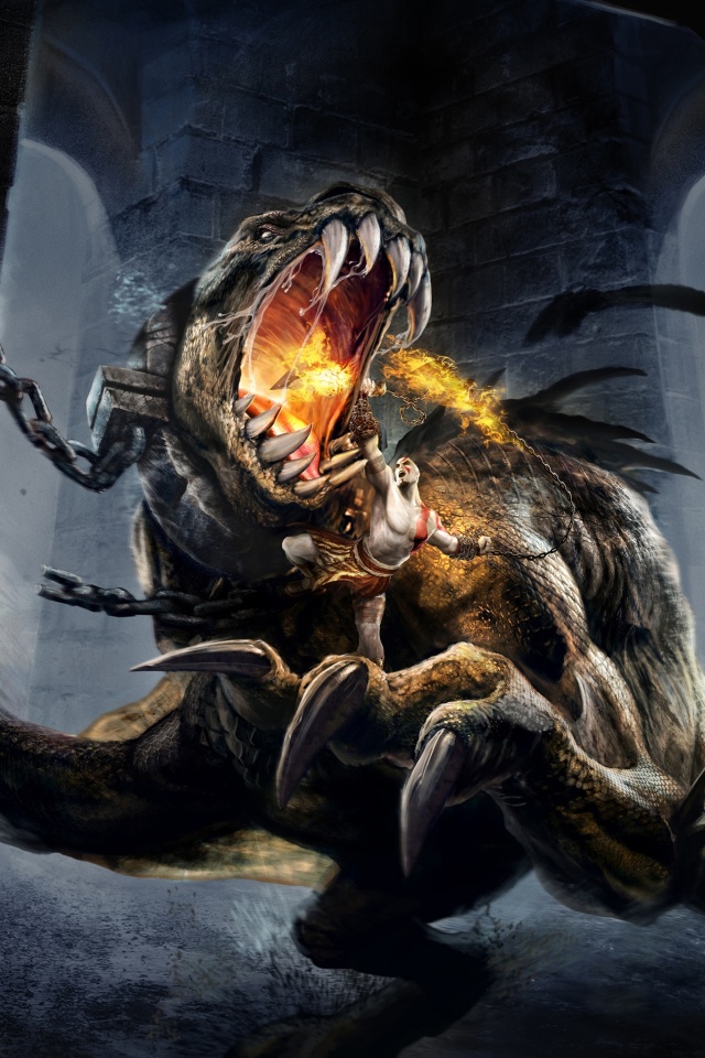 Кратос против динозавра обои
