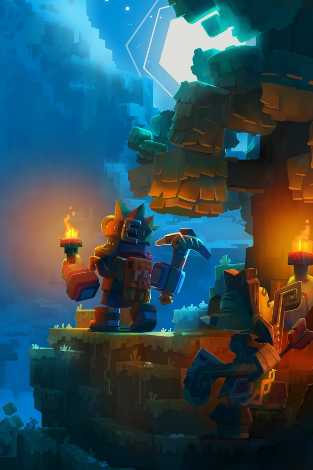 Парень с киркой и факелом смотрит в даль обои