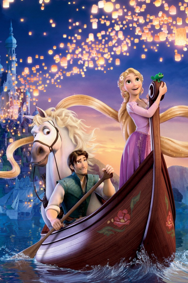 Рапунцель принц и конь в лодке обои