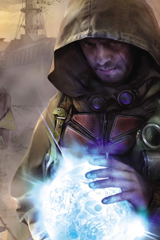 Сталкер с энергетическим артефактом в руках обои