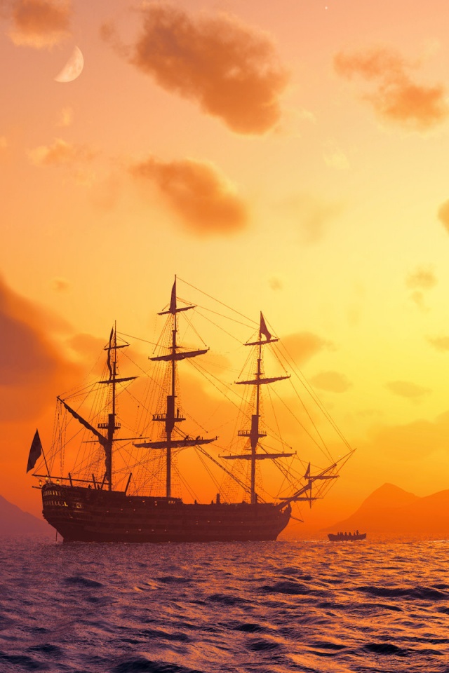 Трехпалубный парусный корабль на закате обои