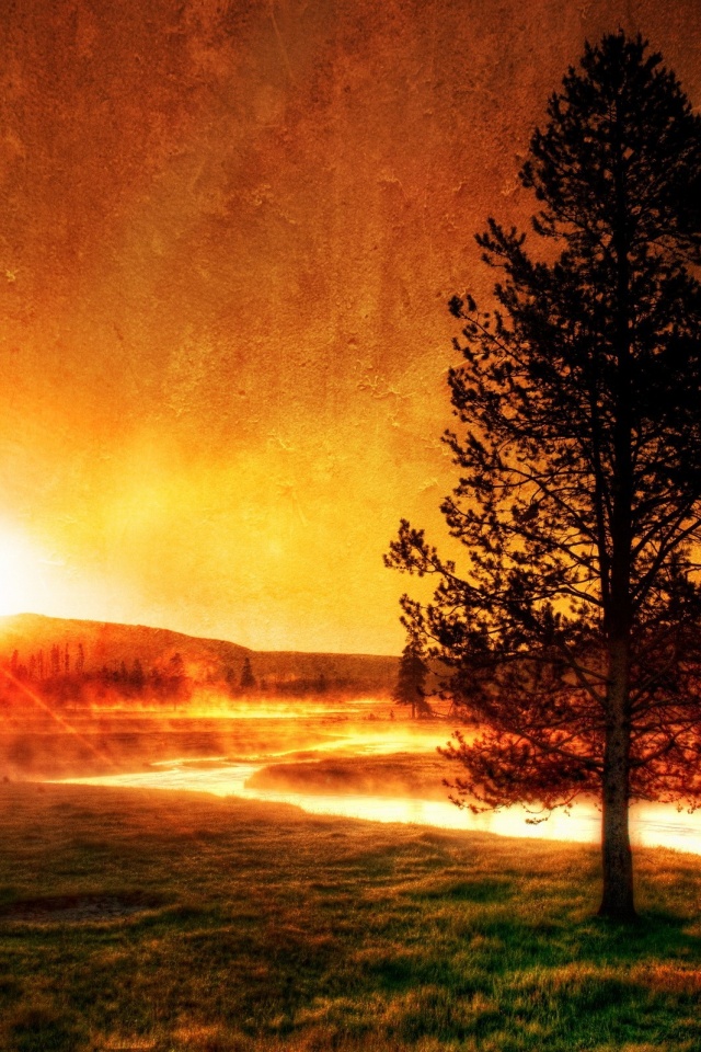 Закат за речкой обои