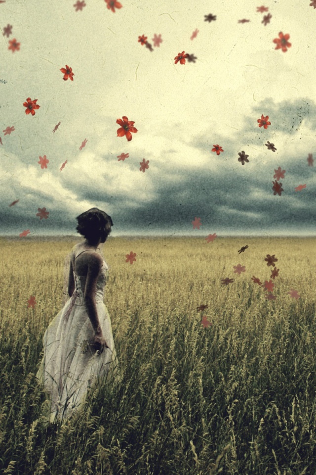 Грустная девушка в поле травы обои