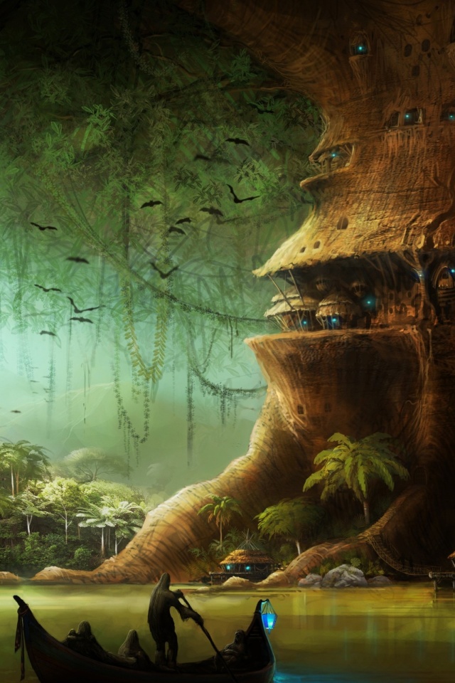 Город в стволе дерева обои