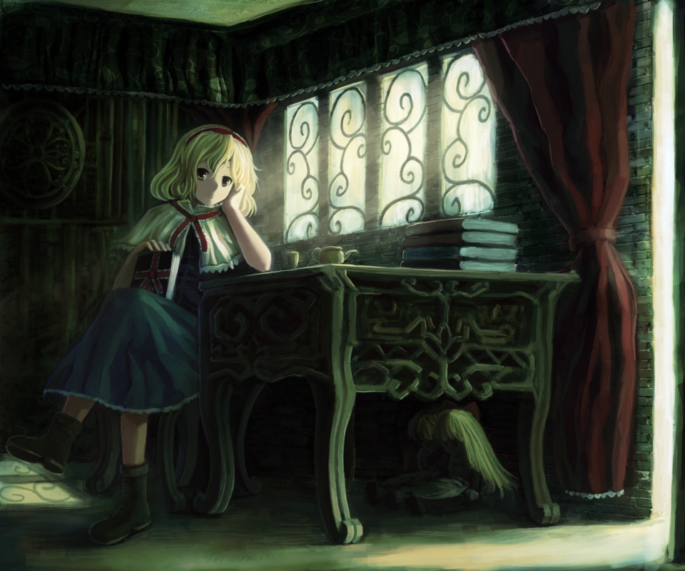 Девочка за столом с книгами обои