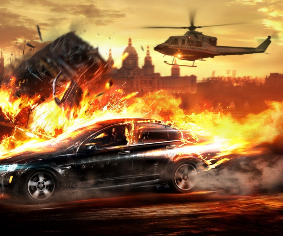 Погоня за горящей машиной обои