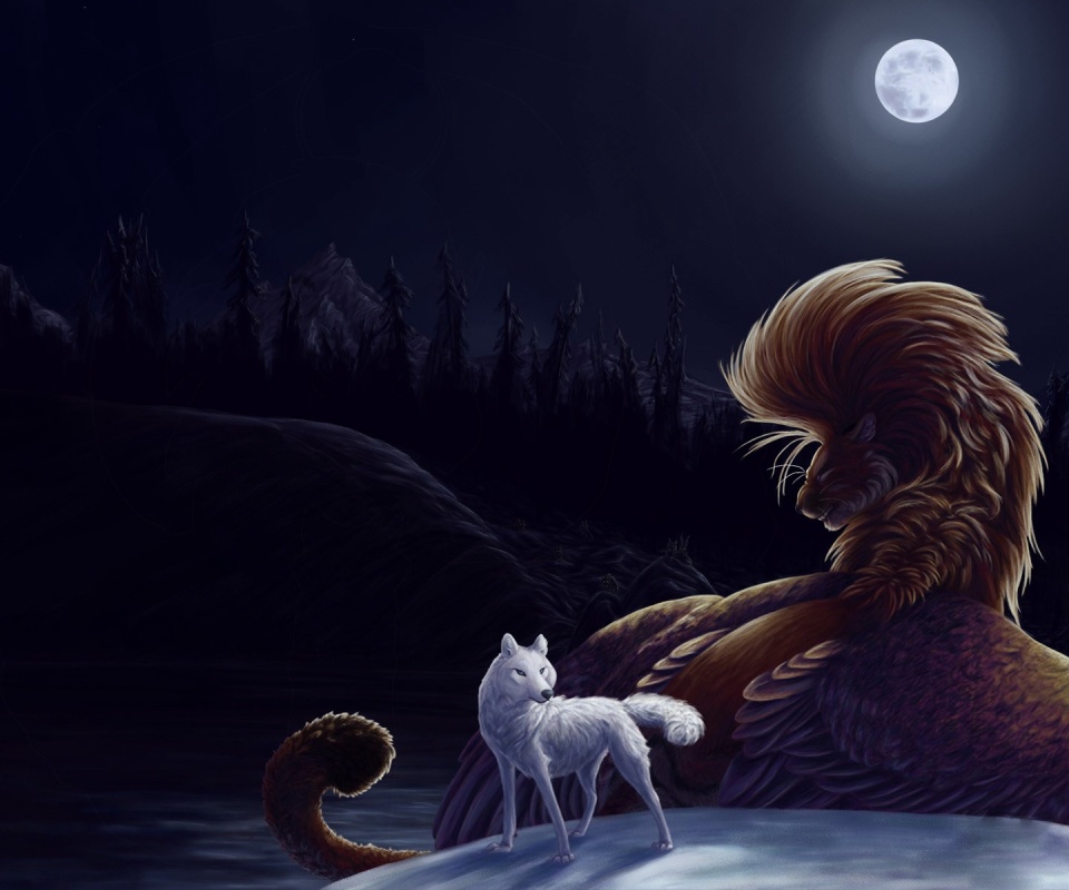 Волк и лев при луне обои