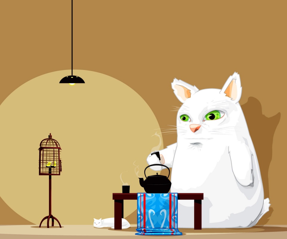 Кот пьет чай обои