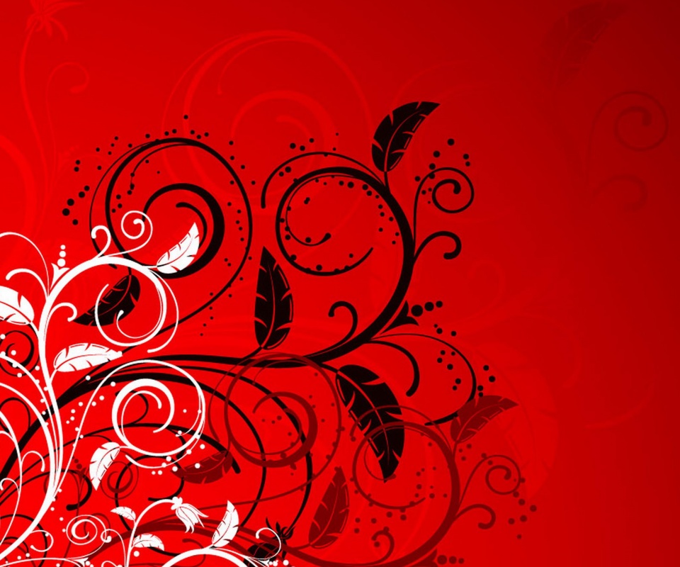 Черно-белые листики на красном фоне обои