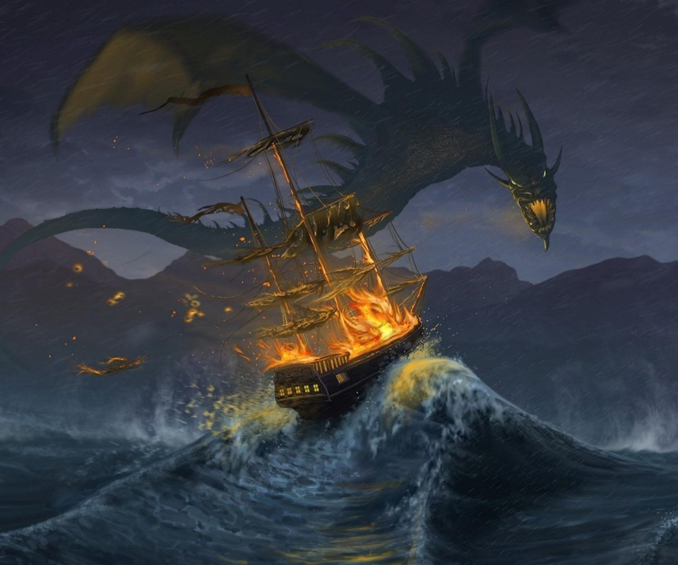 Дракон нападает на корабль обои