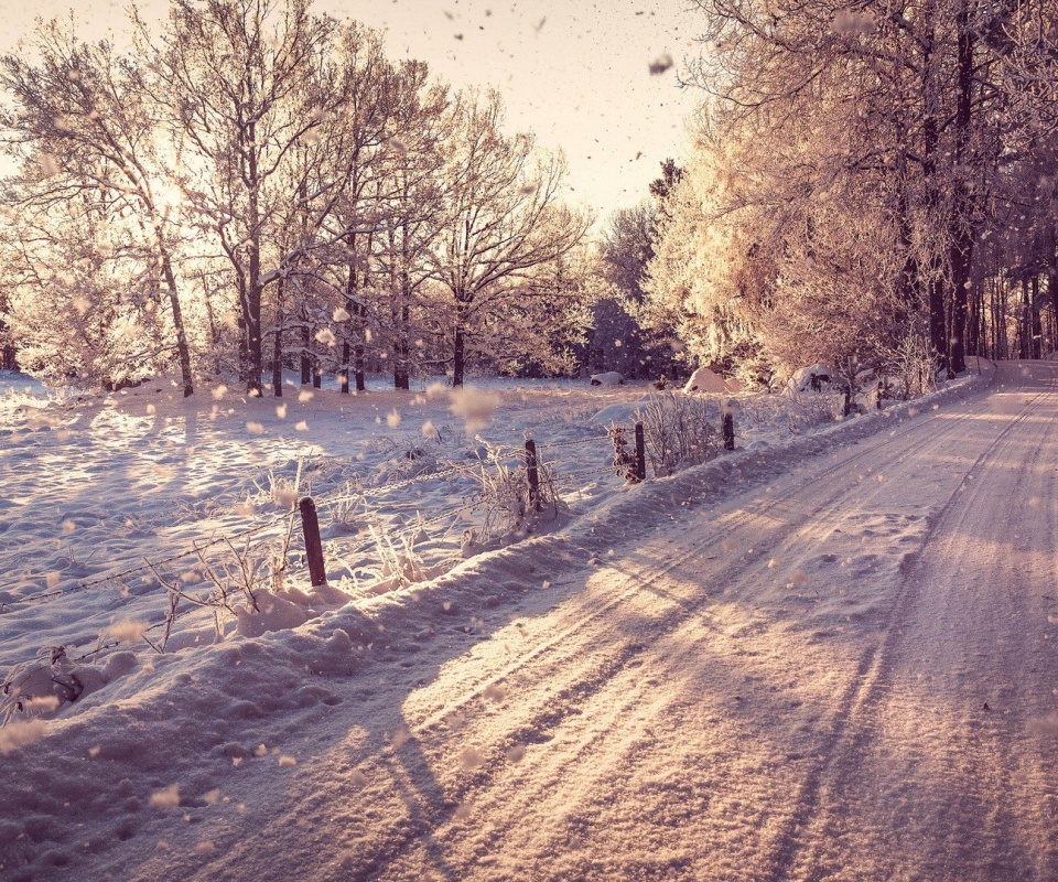 Снежная дорога залитая солнцем обои