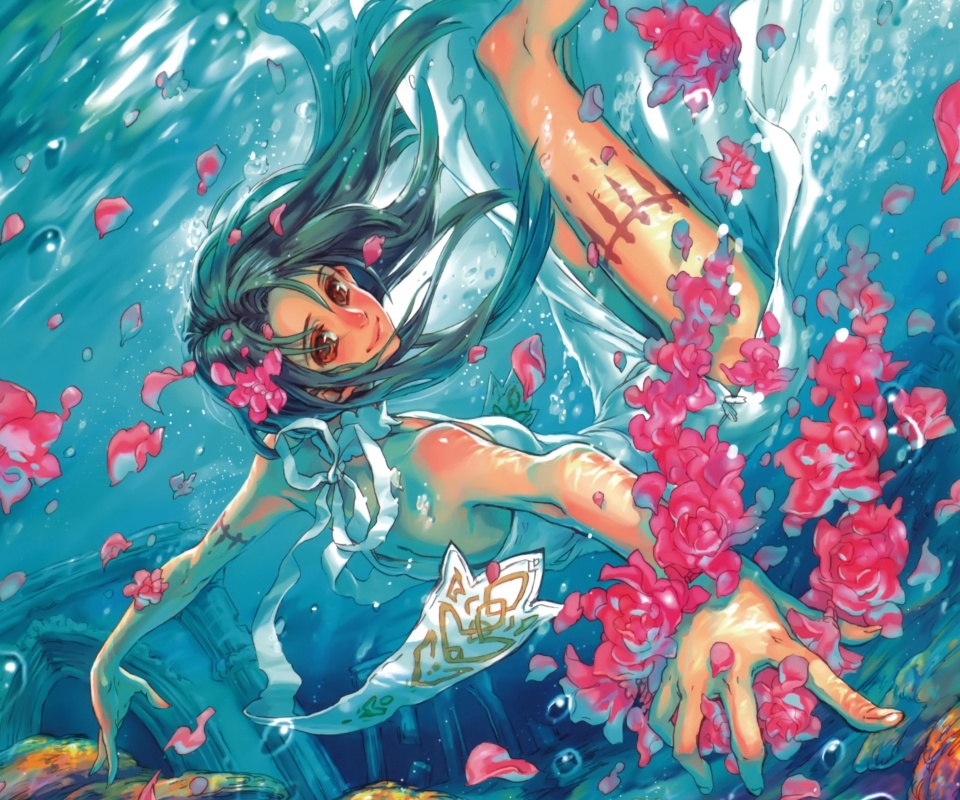 Девушка из аниме под водой обои