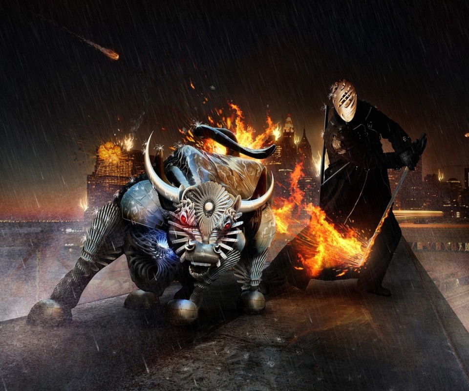 Воин и бык на крыше обои