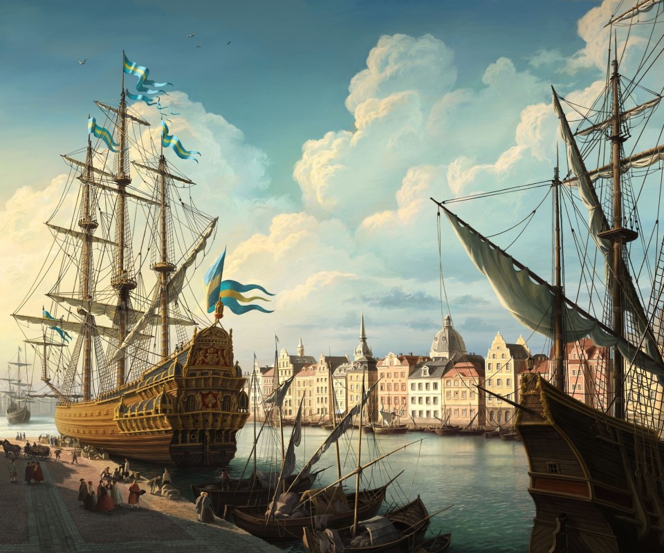 Парусник на набережной обои