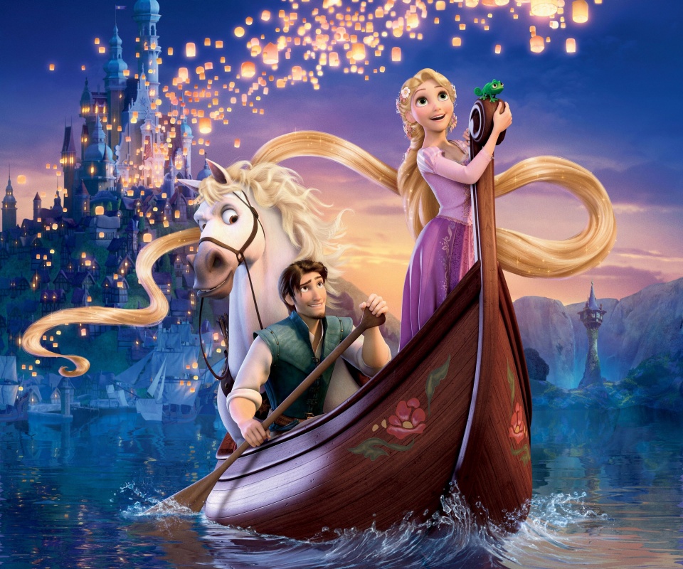 Рапунцель и Флин на лодке обои