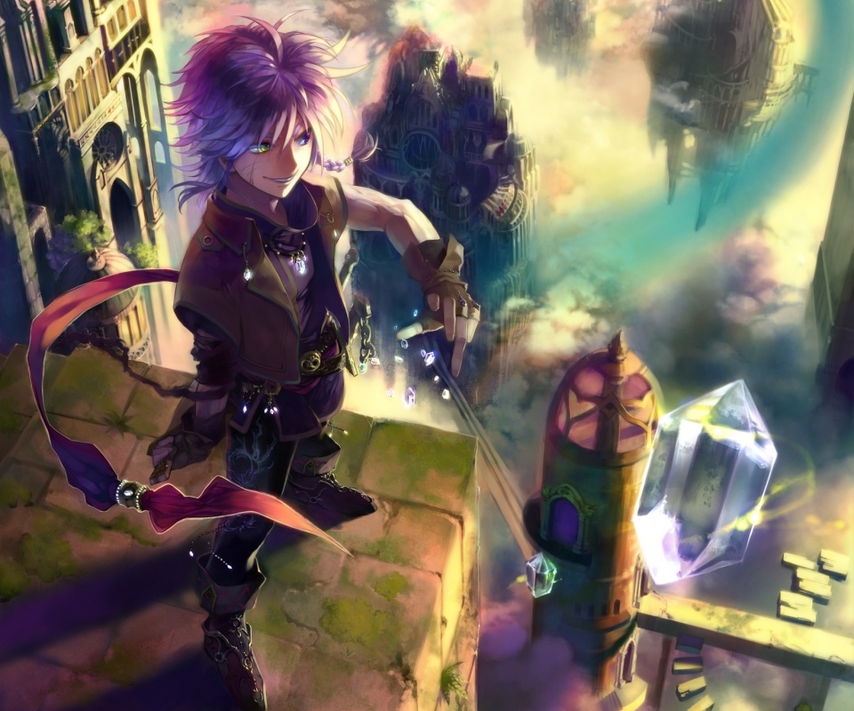 Анимешный парень с горстью кристаллов обои