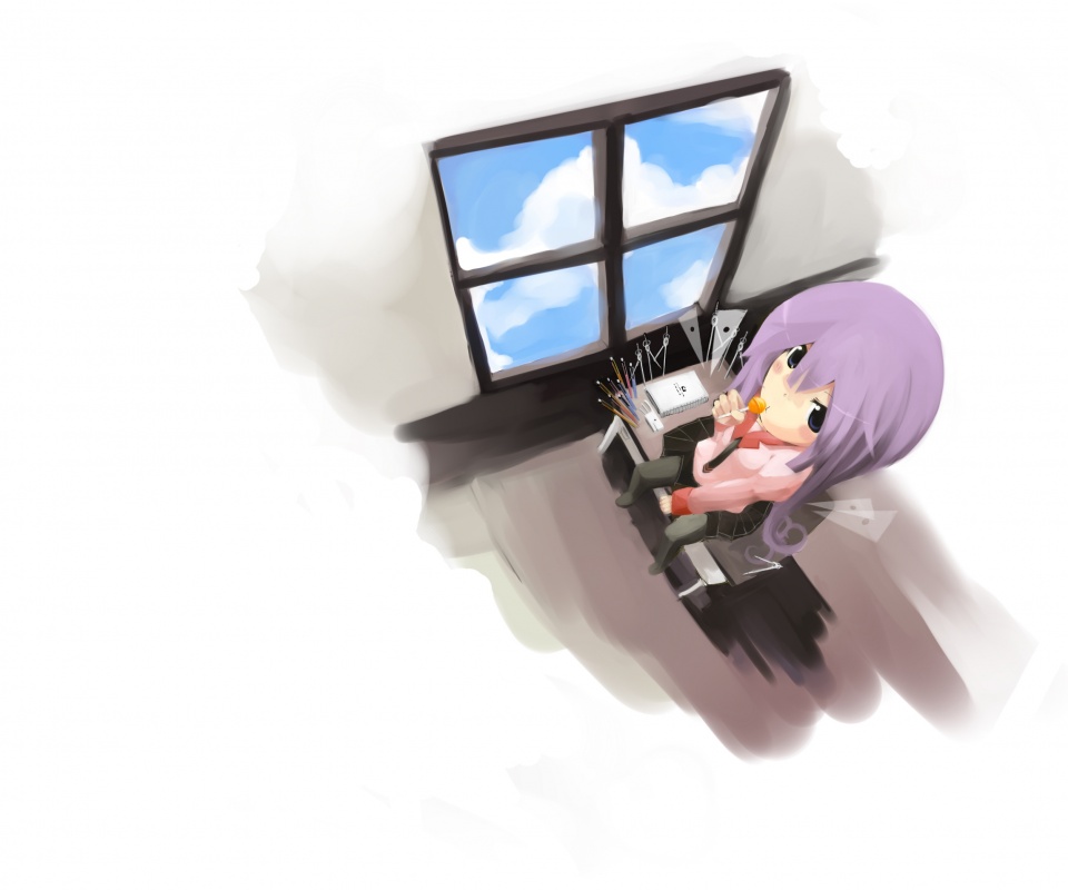 Школница с конфетой у окна обои