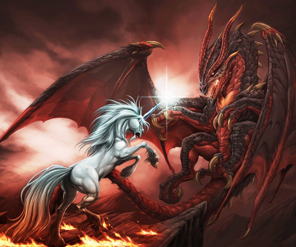 Дракон и единорог обои