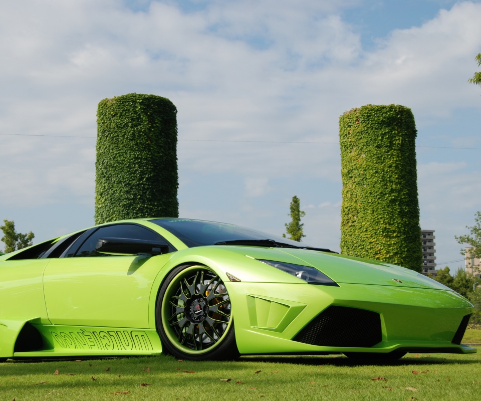 Зелёный Ламборджини на траве обои