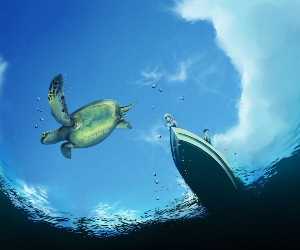 Катер и водная черепаха обои