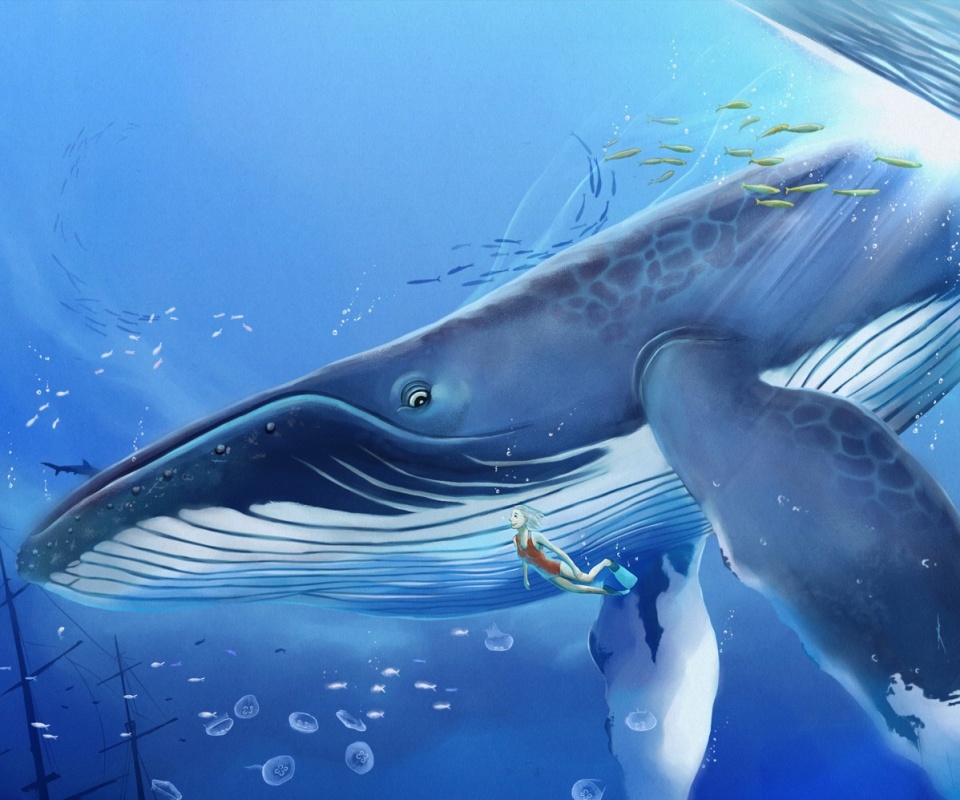 Кит и девушка обои