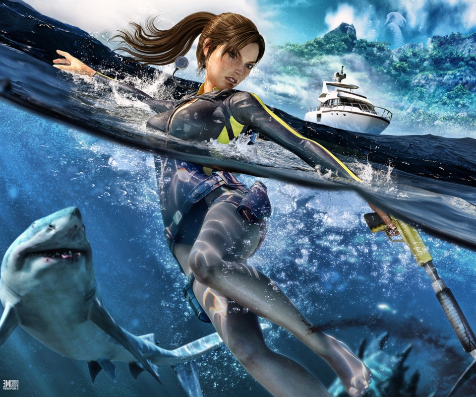Лара Крофт против акул обои