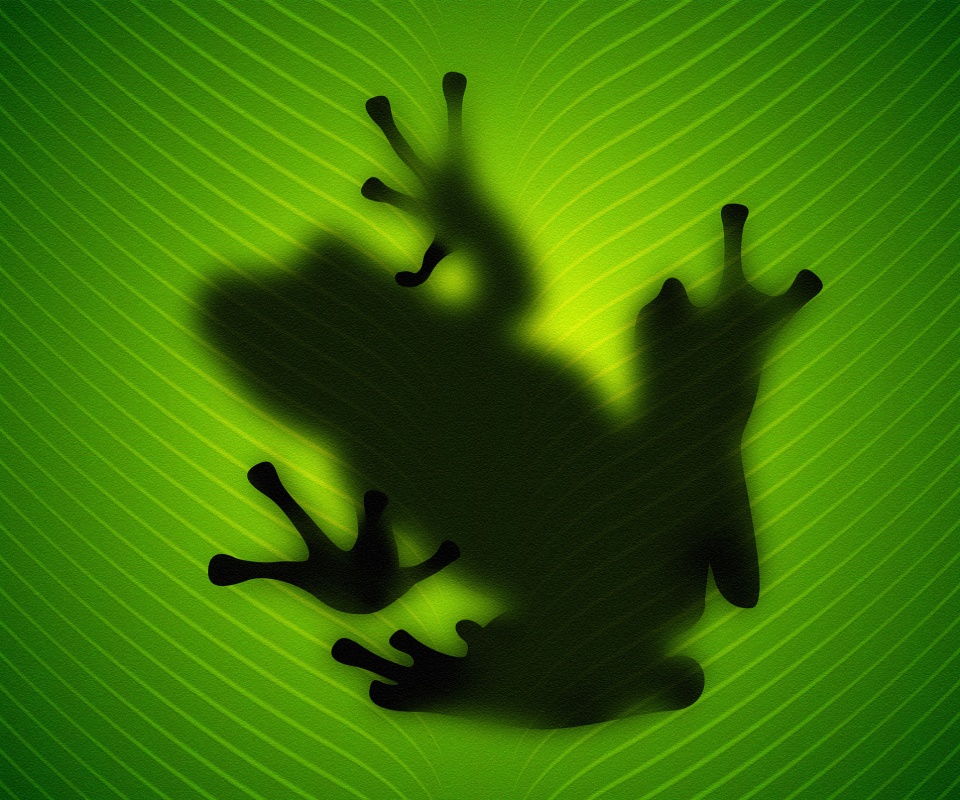 Силуэт лягушки просвечивает сквозь зеленый лист обои