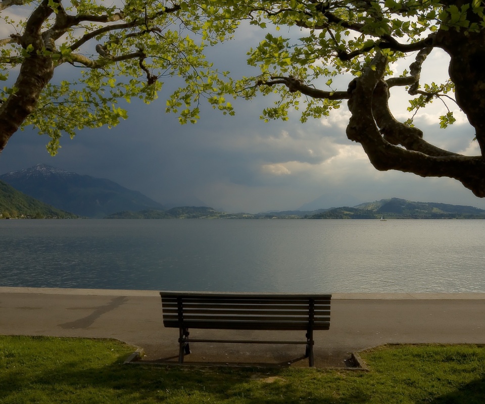 Скамейка на берегу обои