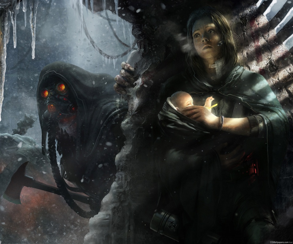 Девушка с ребенком прячется от монстра обои