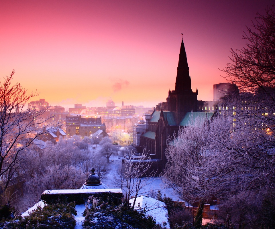 Закатный город зимой обои