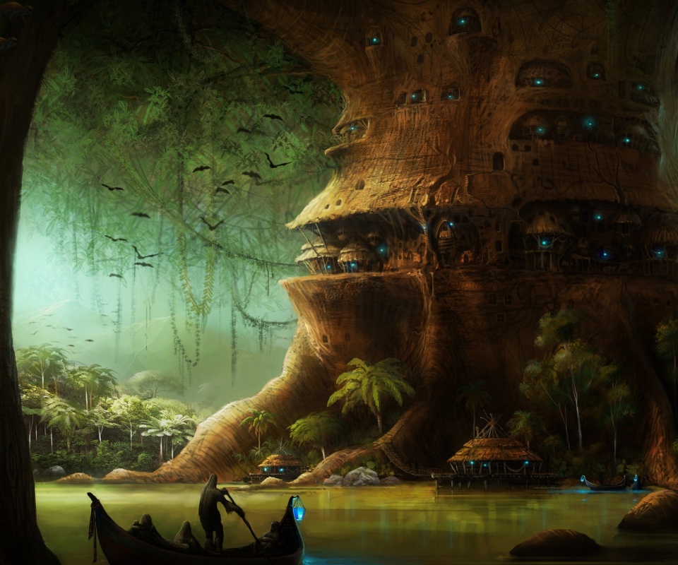 Город в стволе дерева обои