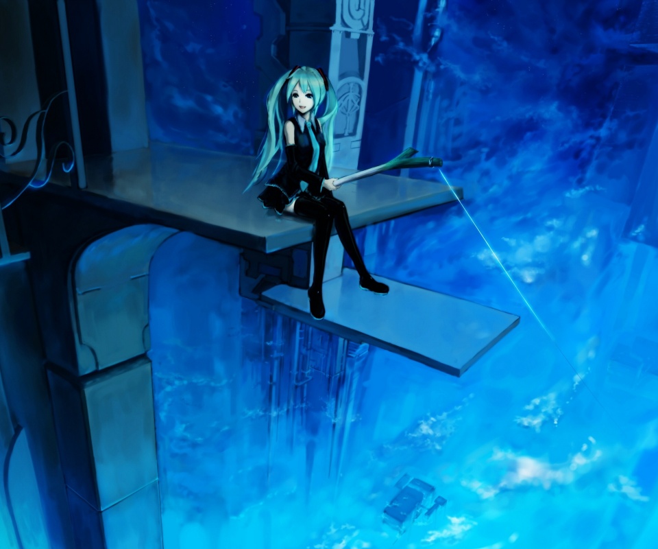 Хатсуне Мику с удочкой обои