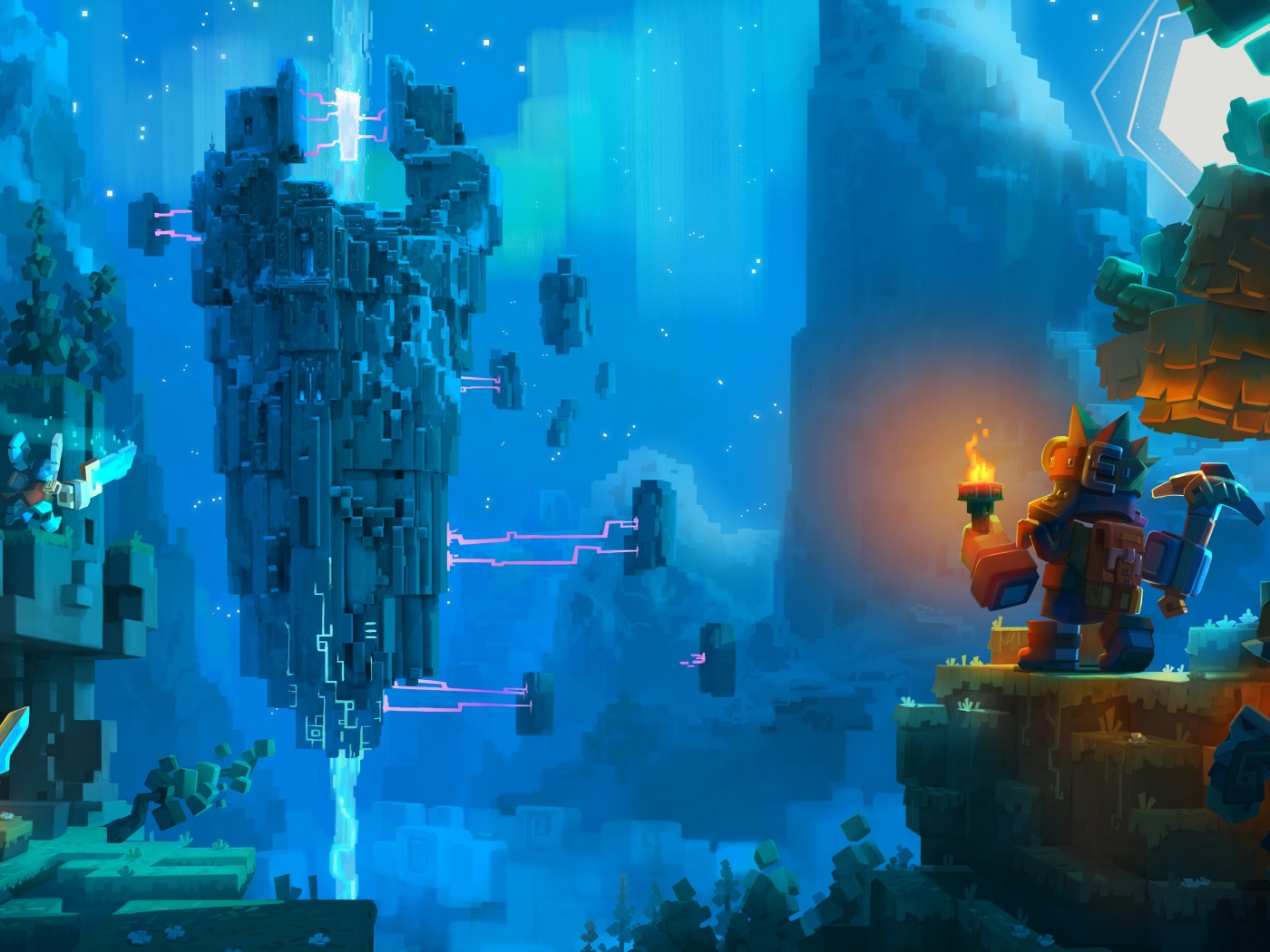 Парень с киркой и факелом смотрит в даль обои