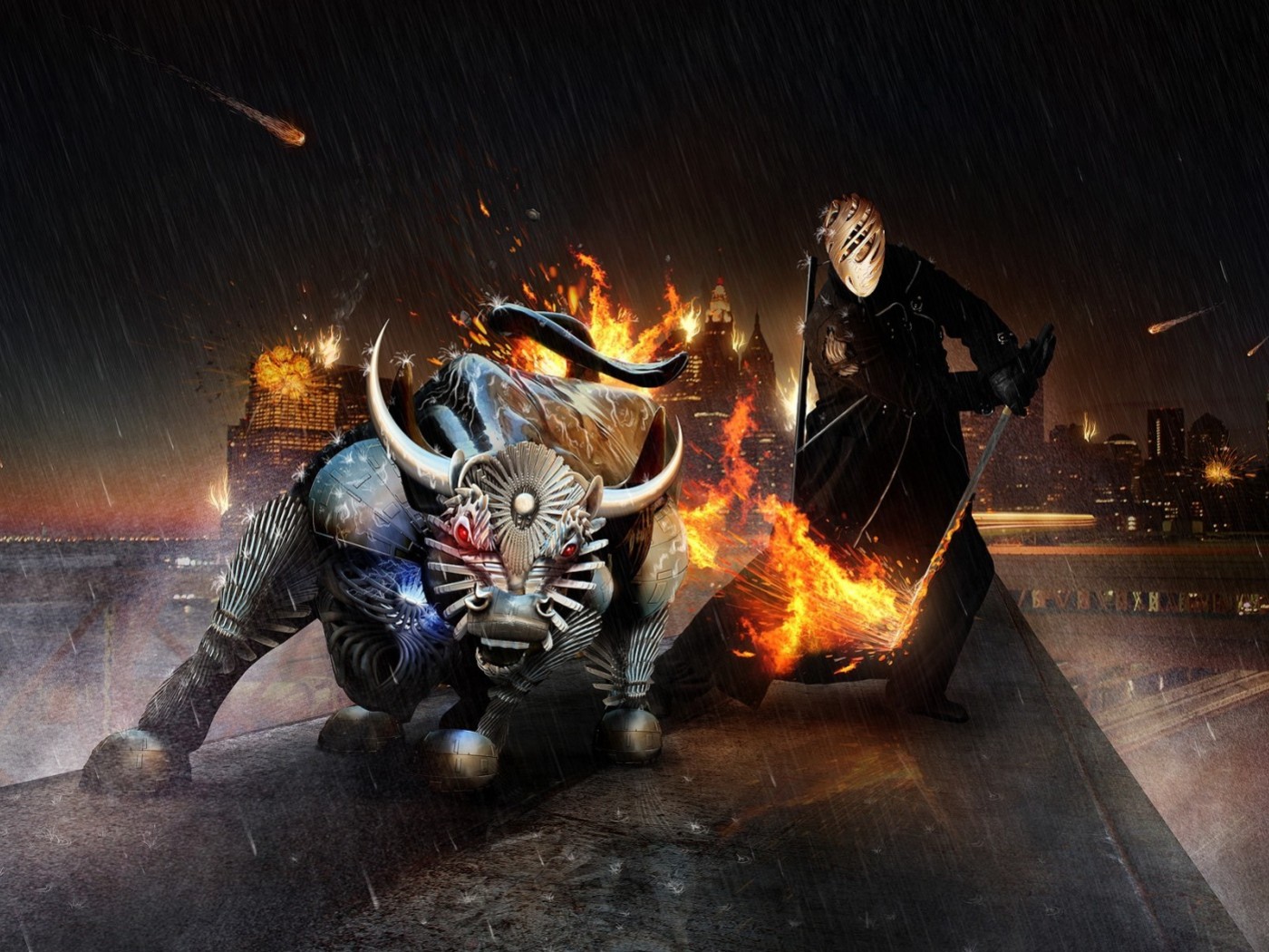 Воин и бык на крыше обои