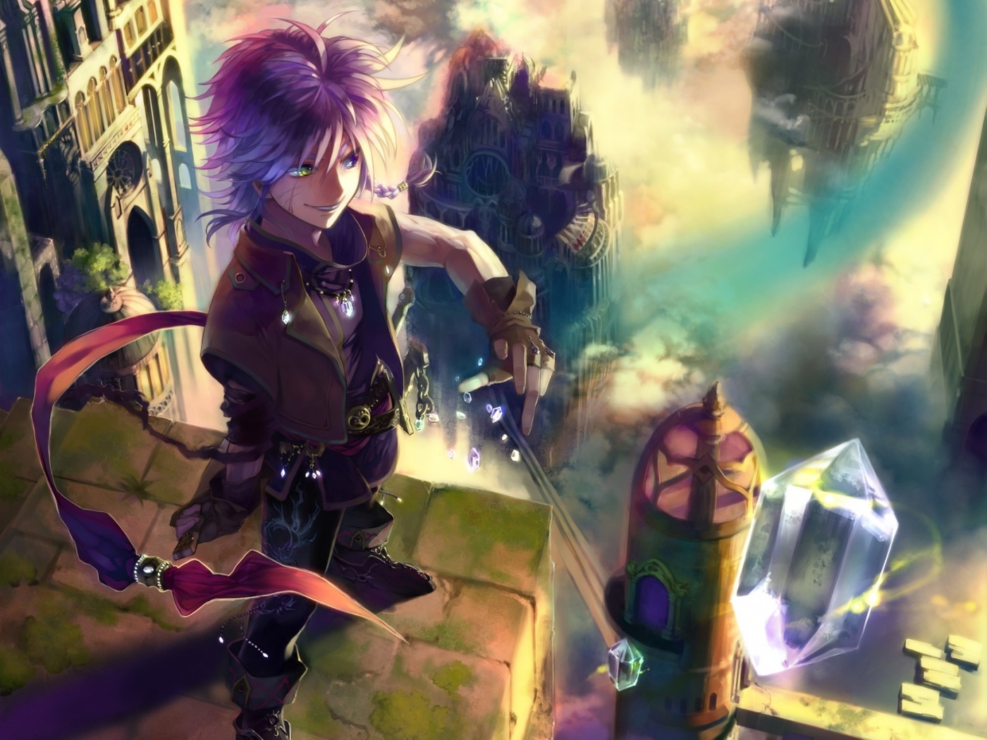 Анимешный парень с горстью кристаллов обои